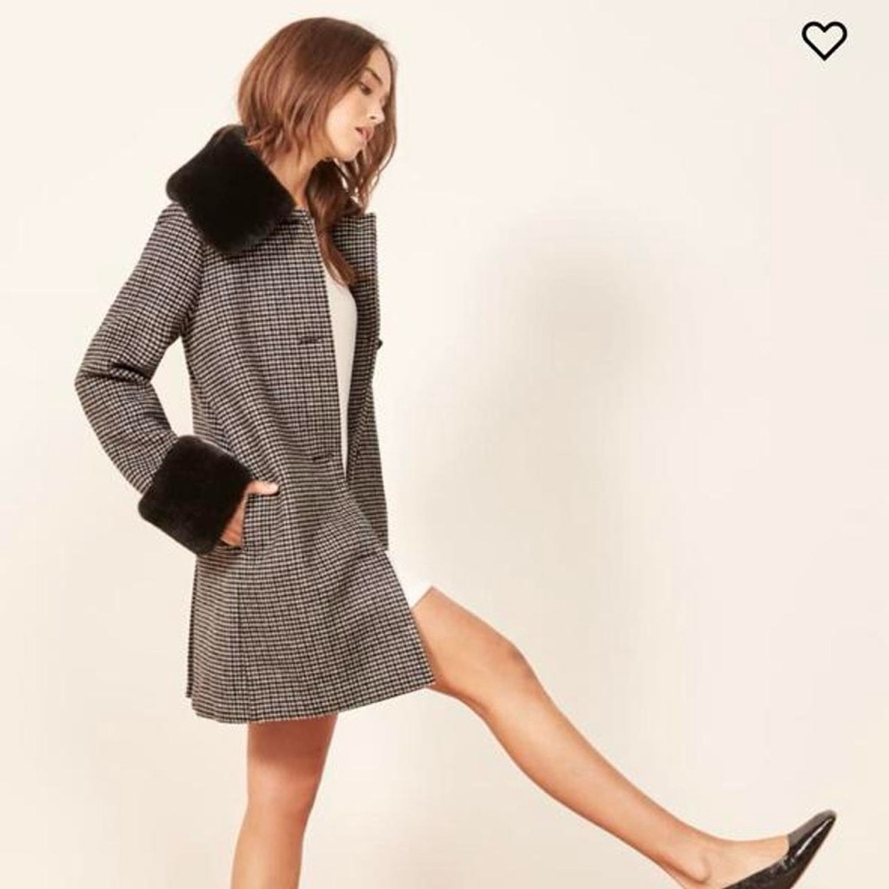 Reformation Lucille coat with fur trim Shaw collar and fur cuffs black and white